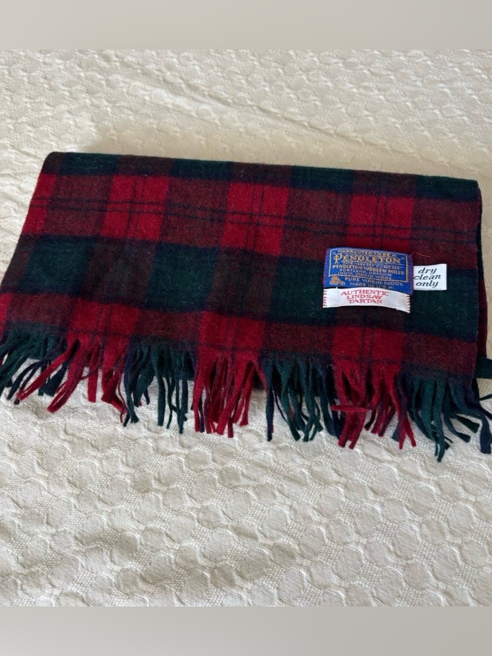Scarf Pendleton Red & Green Tartan Wool Scarf with Fringe